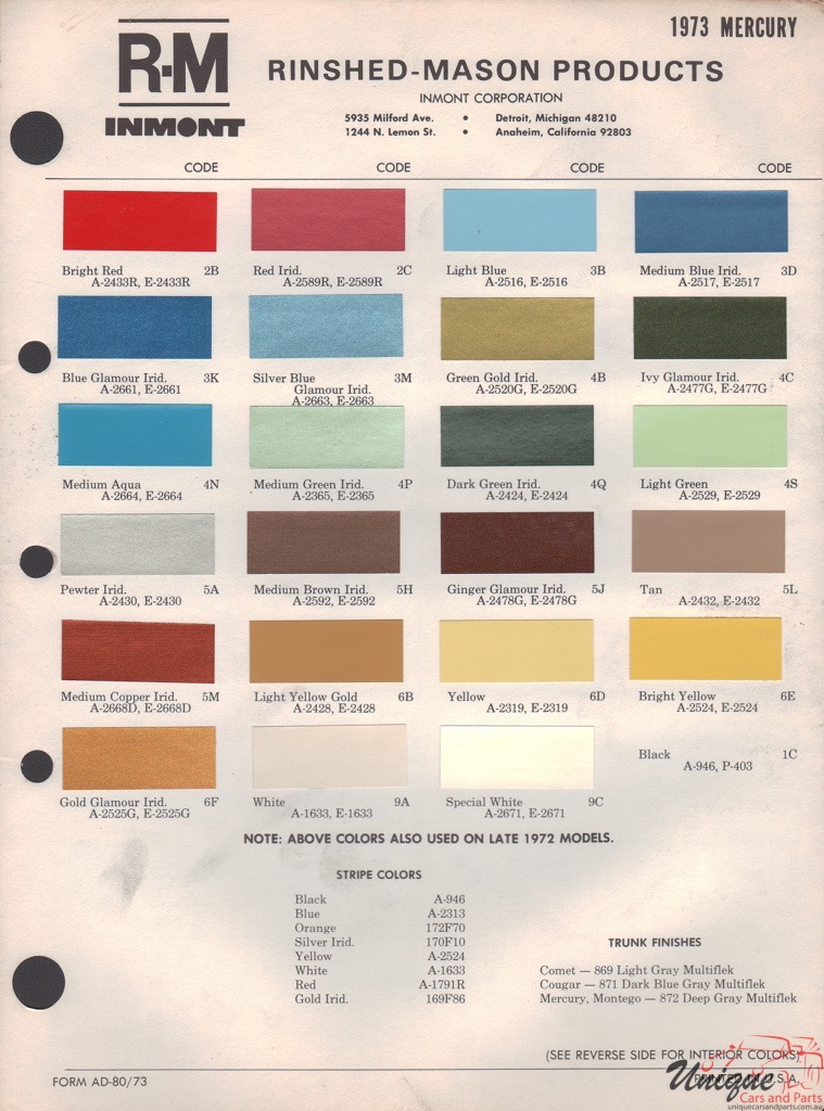 1973 Mercury Paint Charts Rinshed-Mason 1